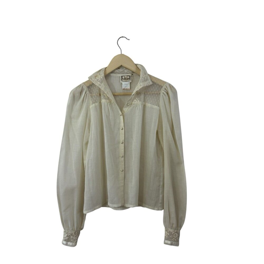 Vintage Jessica's Gunnies Medium Pearl Button Up Blouse Lace Sheer Womens READ